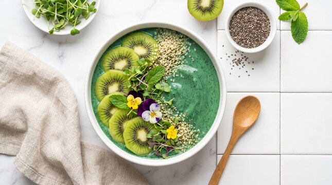Healthy Plant-based Food Us Uk Vibrant Green Smoothie Bowl with Spirulina, Banana, Kiw