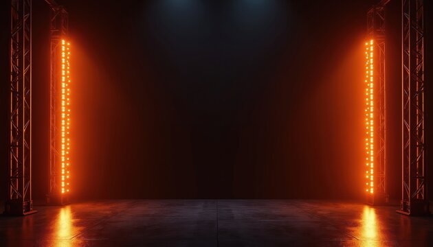 Two metal truss towers with bright orange lights stand on a wet concrete floor. They illuminate a dark empty stage creating a dramatic entrance vibe for events.
