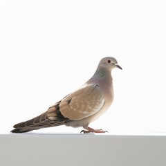 Fototapeta premium A solitary pigeon stands on a white surface, its feathers a mix of brown and white, with a serene expression, possibly in a moment of contemplation.