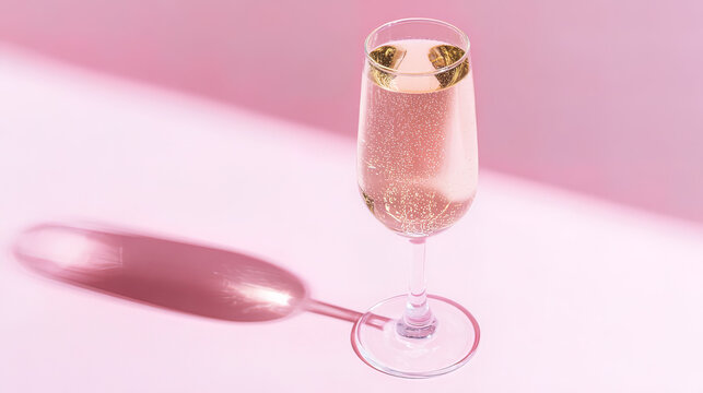 brut. Glass of rose sparkling wine on a pastel pink background, captured from above with soft shadows and studio lighting. bar promotions.

