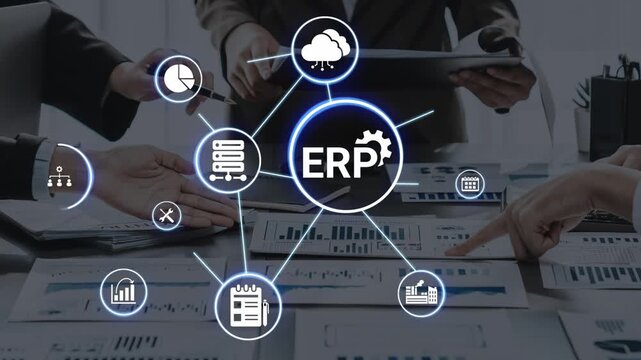 ERP icons show management, integration, and business process. ERP supports data management, ERP efficiency, and ERP organizational solutions. Funnel