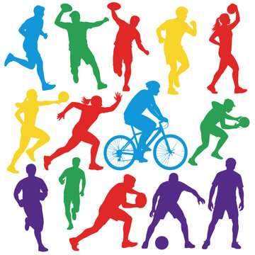 Colorful Silhouette Sports Figures: Running, Cycling, Ball Sports, Fitness