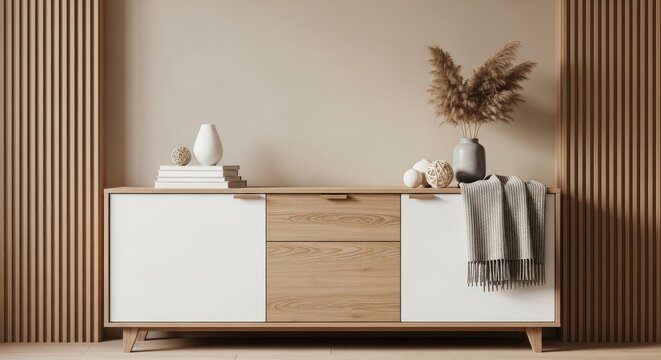 Modern living room sideboard design with decorative elements, wooden panels, and neutral color palette in a cozy arrangement