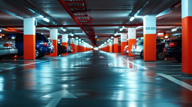 A dimly lit underground parking garage with orange pillars and cars parked neatly. The scene is quiet and  