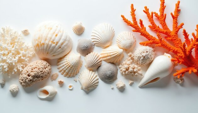 Variety of seashells, corals, and sea rocks arranged neatly on white background. Natural ocean elements form composition, showing marine life textures and shapes.