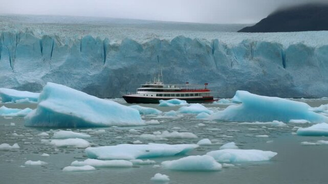 Tourist boat cruising past the massive Perito Moreno Glacier