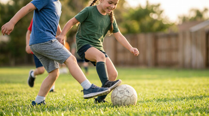 Obraz premium Children Playing Soccer on Grass Field During Sunny Day
