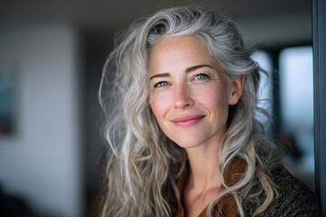 Fototapeta premium Beautiful smiling middle-aged woman with long gray hair stands indoors, natural light illuminating her face, soft background with blurred elements enhancing focus on her features