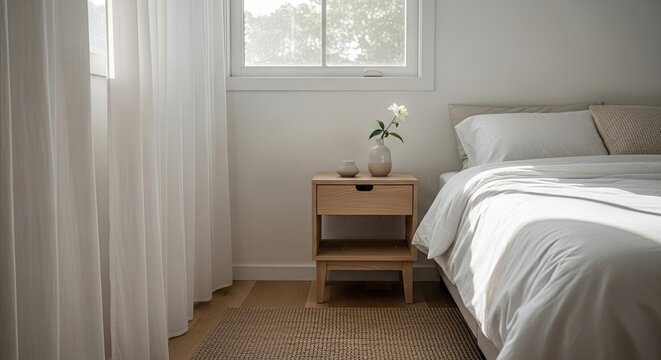 Minimalist bedroom design with natural light, a wooden bedside table, and white bedding with soft drapes in a modern space
