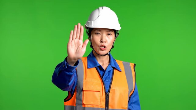 A construction worker wearing a white hard hat and an orange safety vest on a green screen background making a stop gesture with her hand