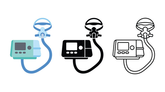 Set of cpap machine icons with respiratory mask in three different graphical variations.