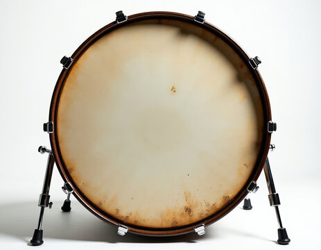 Aged vintage bass drum sits on metal legs. Drumhead shows wear and tear. Percussion instrument isolated on white studio background for music production.