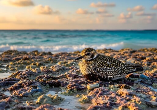 Charming golden plover standing on a rocky beach at sunset with a beautiful ocean background.