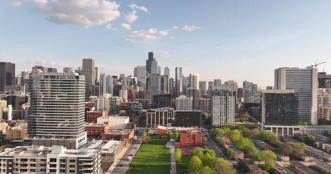 Aerial Drone Cinematic Video of Chicago Skyline on April 23, 2026 &ndash; Sunny Spring Day with Blue Sky, Lake 