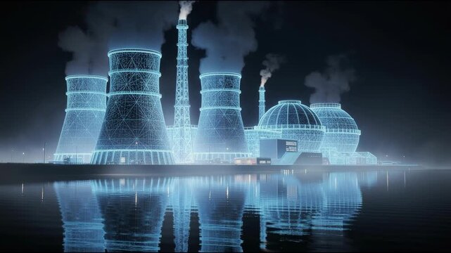 Futuristic industrial power plant with glowing wireframe cooling towers and chimneys emitting smoke over water at night