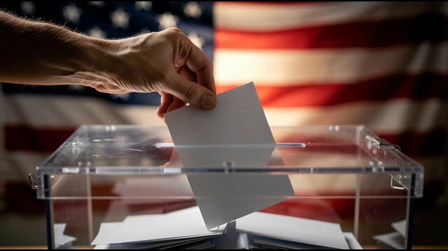 Person casting vote in transparent ballot box with American flag background patriotic election concept