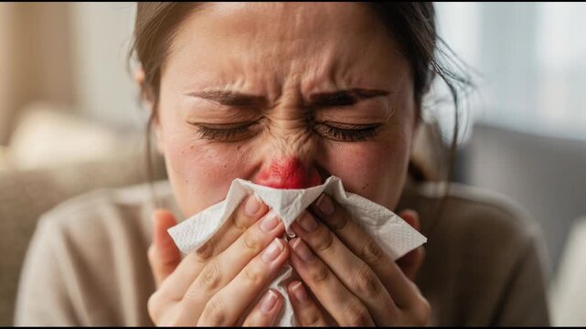 Close up of woman blowing her nose with tissue showing redness and irritation from cold or allergies