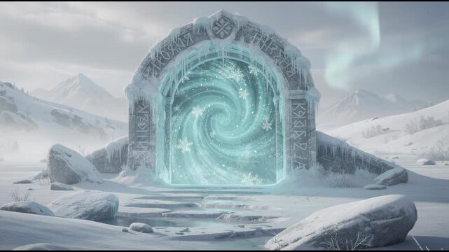 Magical icy portal in snowy mountain landscape with swirling snowflakes and frosty frozen scenery