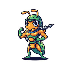 Naklejka premium Cartoon Ant Character with Helmet and Spear.