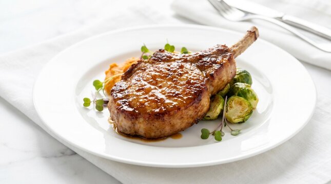 American Fine Dining Dinner Thick-cut Pork Chop with Apple Bourbon Glaze, Roasted Bru