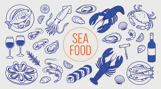 Fresh seafood themed decorative elements set in a vintage line style, featuring lobster, crab, shrimp, fish, oysters, sushi, and wine.