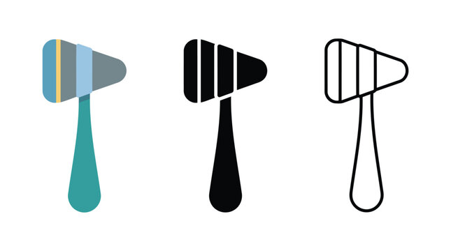 Set of medical reflex hammers and scalpels flat design icons isolated on white background.
