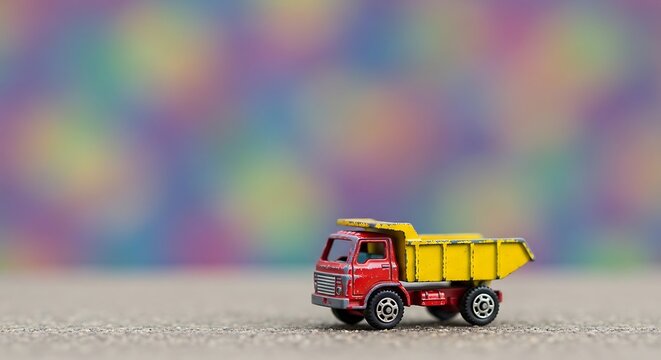 Vintage Miniature Toy Dump Truck on Blurred Colorful Background