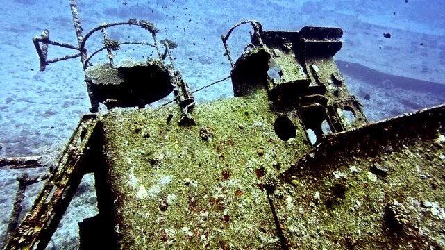 Close-up view of the bridge and control room of the shipwreck "Amami" in Yoron Island, Kagoshima, Japan