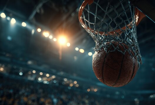Basketball entering hoop in a sports arena with blurred crowd and bright arena lights creating an energetic atmosphere during a game