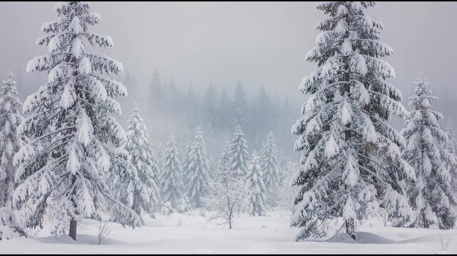 Snowy winter forest with tall pine trees covered in fresh white snow and foggy background landscape