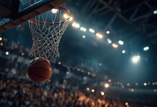 Basketball entering hoop during a game in a crowded arena with bright lights and blurred audience in the background creating an energetic sports atmosphere