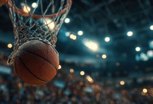 Close-up of basketball approaching hoop in a crowded indoor arena with blurred spectators and bright arena lights illuminating the scene
