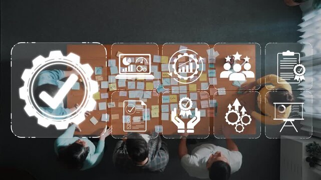 Business Team Collaboration with Project Management Tools and Workflow Icons, Overhead View of Group Working with Sticky Notes and Digital Interface Sigmoid