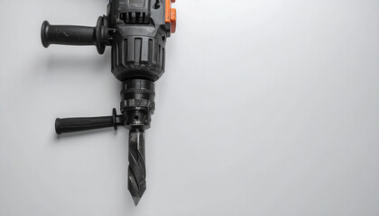 Naklejka premium Rotary hammer drill with orange accents and black handles on a light gray surface