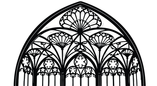 Gothic arch window features intricate metal scrollwork and classic architectural detail.