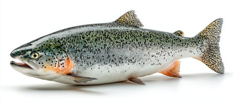 Rainbow trout fish with distinctive coloration and patterns, showcasing vibrant scales and fins against a clean white background