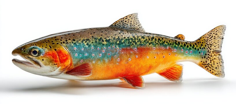 Colorful rainbow trout fish with vibrant scales and distinctive markings displayed on a white background, showcasing its natural beauty and aquatic features