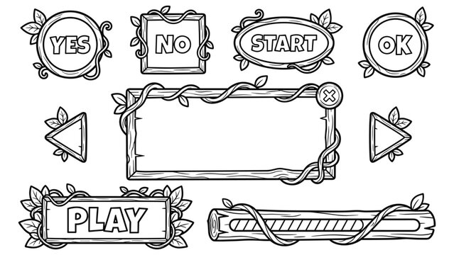 Nature themed game user interface elements for buttons menus and progress bar.