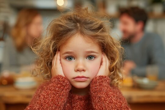 Young girl with curly hair wearing a red sweater sits at a dining table, covering her ears while adults are blurred in the background during a meal