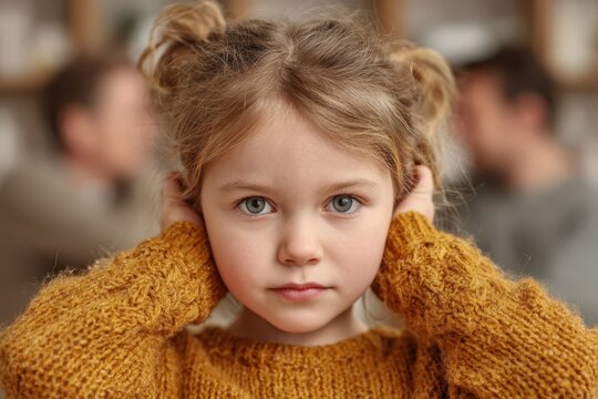 Young girl with light brown hair wearing a yellow knitted sweater covers her ears, with blurred adults in the background, indicating a domestic setting