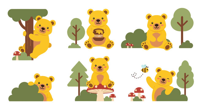 Cute Yellow Teddy Bears in Forest Scenes - Playing, Eating Honey, Winking