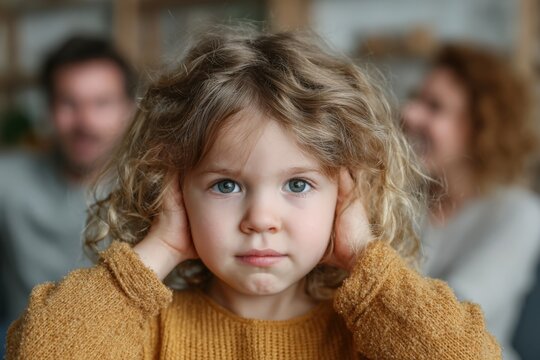 Young girl with curly hair wearing a yellow sweater covers her ears, looking serious while adults are blurred in the background, indicating a lively indoor environment