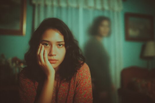 Young Asian woman with curly hair resting her chin on her hand, seated in a dimly lit room with a blurred figure in the background