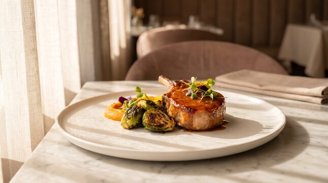 American Fine Dining Dinner Thick-cut Pork Chop with Apple Bourbon Glaze, Roasted Bru