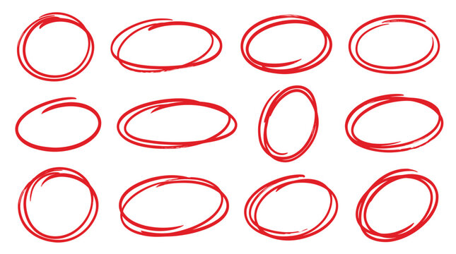 Educational correction theme, decorative elements set, hand drawn brush crayon, circles, loops, ovals, marks, and borders