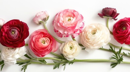 Naklejka premium A vibrant arrangement of pink and red flowers, likely ranunculus, laid out on a white surface. 
