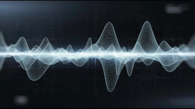 Abstract digital sound wave with glowing futuristic grid lines on dark background for technology and music concepts