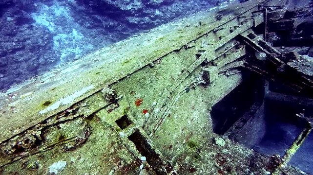 Panning shot of the deck of the shipwreck "Amami" from stern to bow, Yoron Island, Kagoshima, Japan