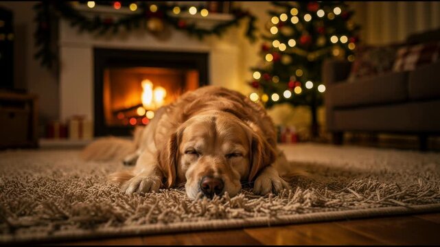 Cozy golden retriever dog sleeping on carpet near fireplace and decorated Christmas tree in warm living room