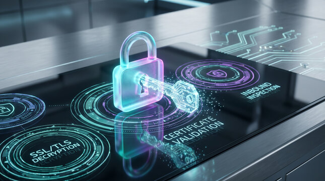 Digital Security Interface with Glowing Padlock and Key Symbolizing Encryption and Data Protection